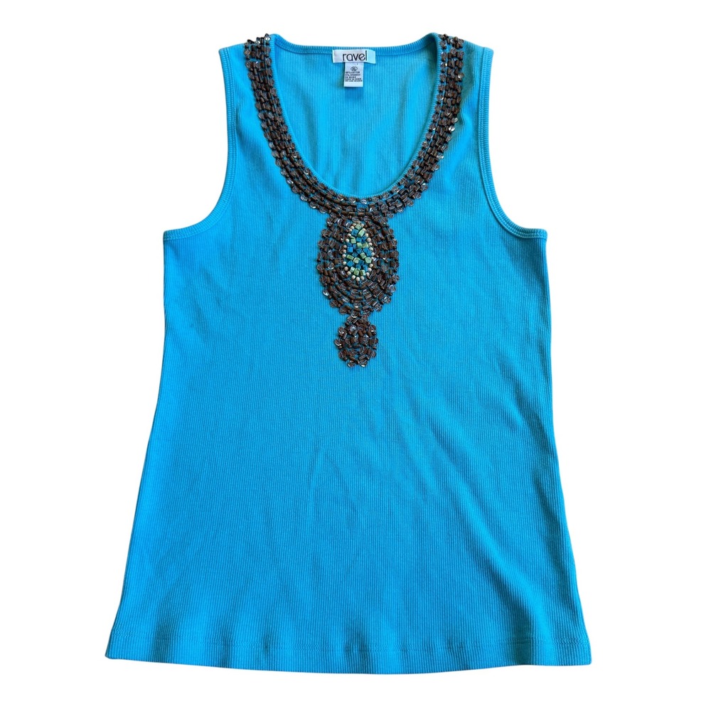 Y2K Ravel Embellished Beaded Tank Top Turquoise Blue Ribbed Boho Western Size XL